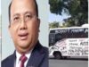 Bus Massa AMPB di Pati Bertuliskan “Boikot Bank Mandiri, Sarang Koruptor”