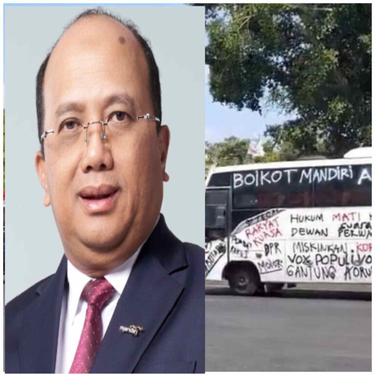 Direktur Utama Bank Mandiri Riduan, Dan Bus Massa AMPB di Pati Bertuliskan “Boikot Bank Mandiri, Sarang Koruptor”