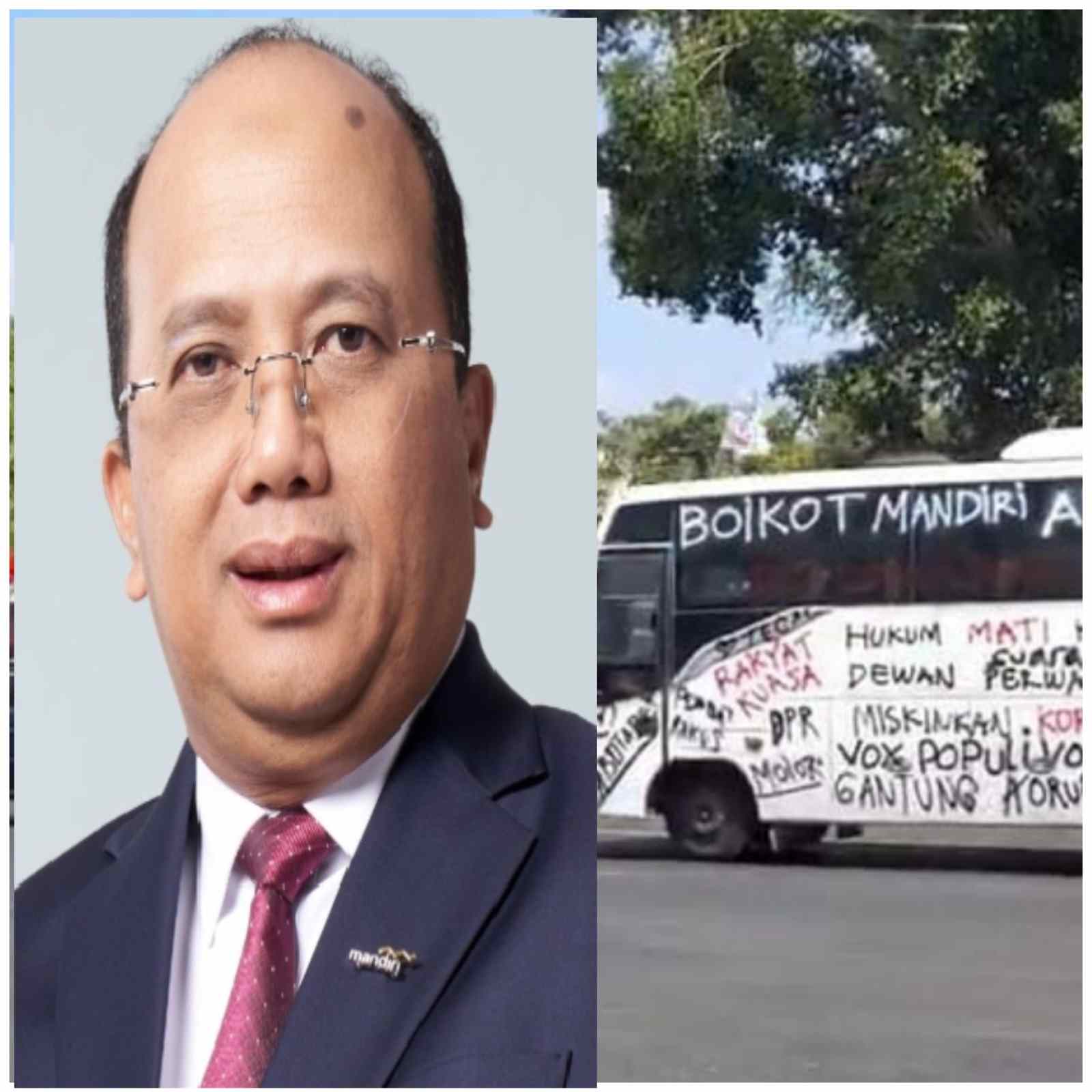 Direktur Utama Bank Mandiri Riduan, Dan Bus Massa AMPB di Pati Bertuliskan “Boikot Bank Mandiri, Sarang Koruptor”