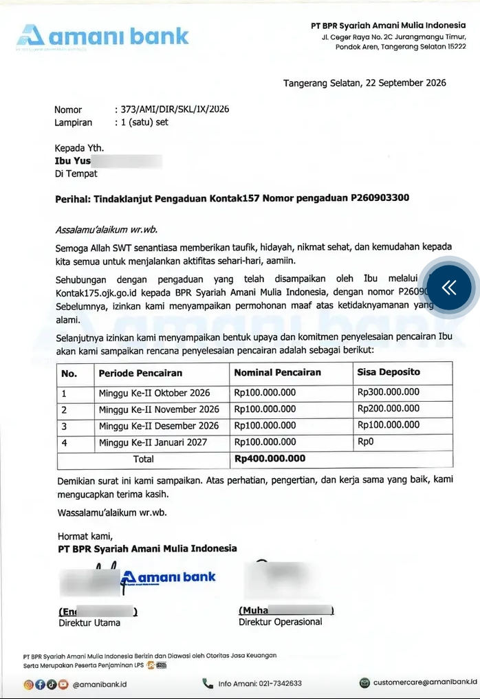 BPRS Amani Mulia mengirimkan surat tanggapan resmi
