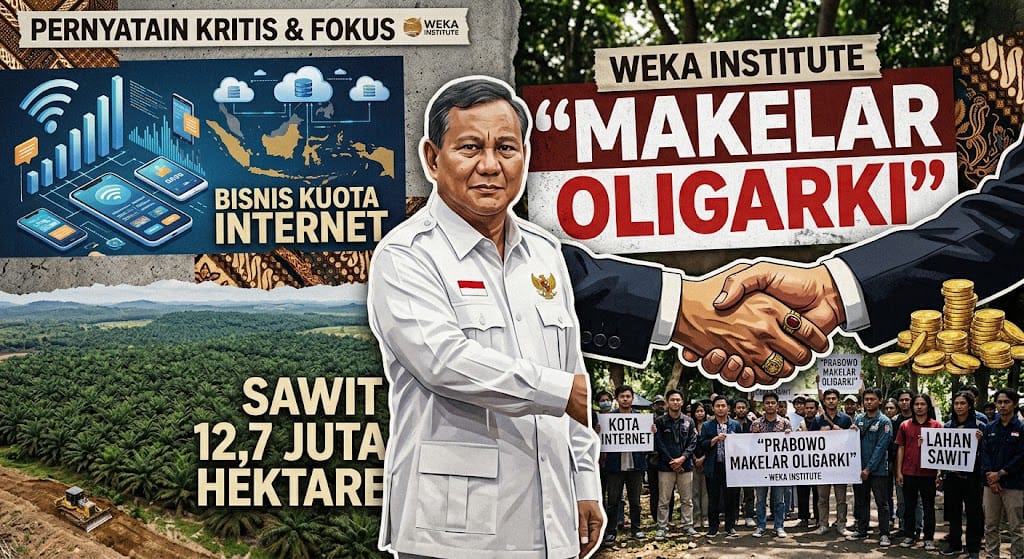 WeKa Institute Sebut Prabowo “Makelar Oligarki”, Soroti Bisnis Kuota Internet hingga Sawit 12,7 Juta Hektare